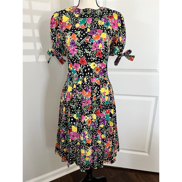 Vtg Oscar De Larenta Studio Pleated Silk Dress Floral Print Size 12 (runs Small) - Picture 1 of 8